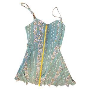 Old Navy Green, Pink Yellow Flowers Ruched Back Spaghetti Strap XS Slip Dress